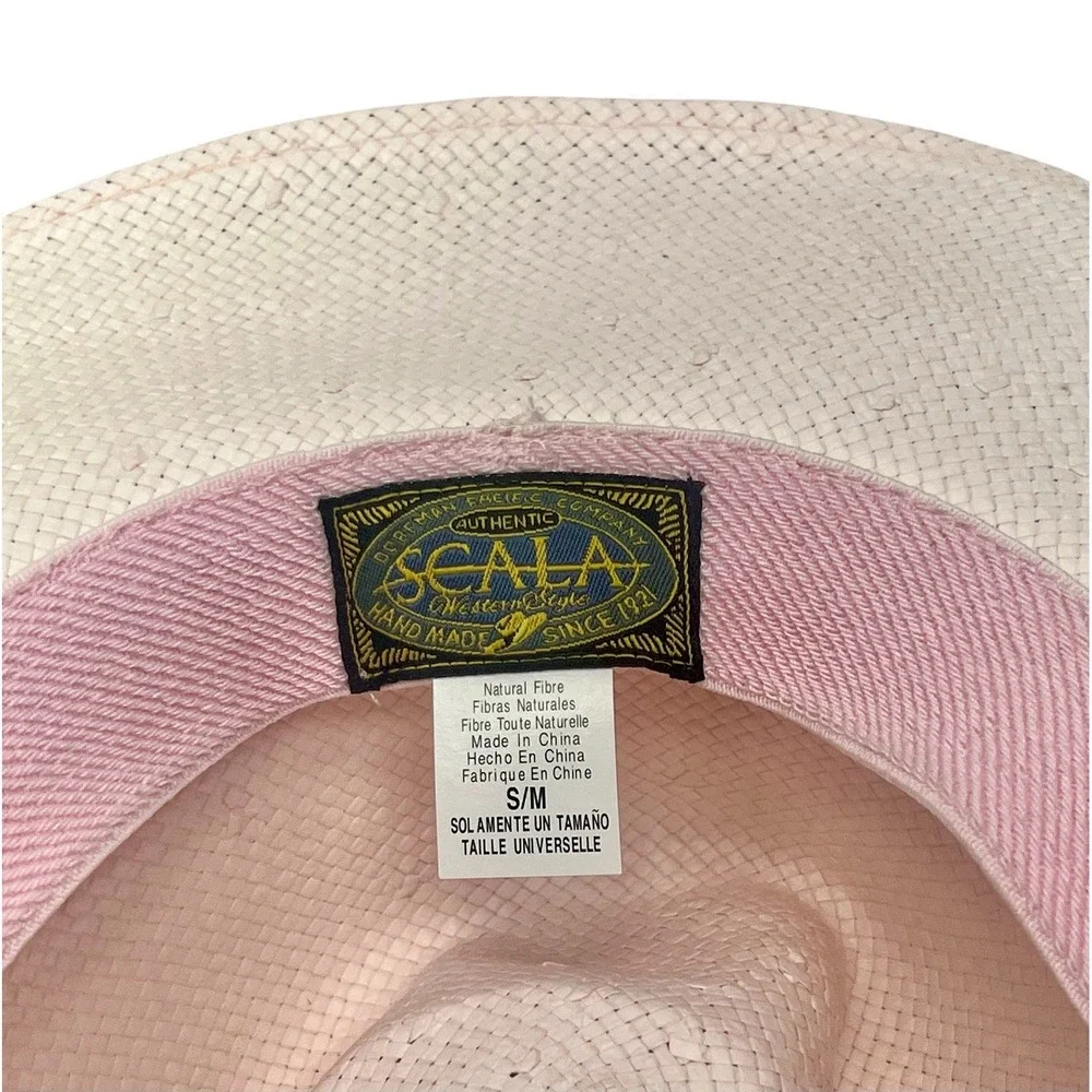 Scala Women's Pink Cowgirl Western Straw Hat Pearls & Stones & Wire Brim Sz S/M